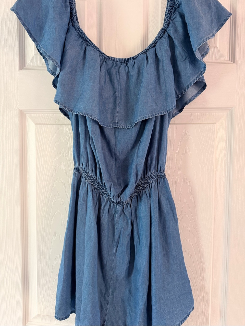 Blue Ruffle Off-Shoulder Romper - Picture 6 of 8